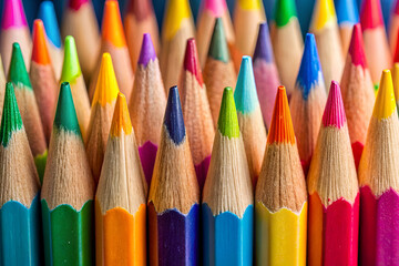 A vibrant array of colored pencils arranged in a close-up view, showcasing a spectrum of hues and sharpened tips.