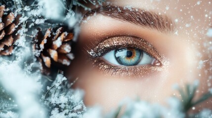 Leinwandbilder - A woman's eye, with sparkling gold eyeshadow, looks out from behind a snowy pine branch.