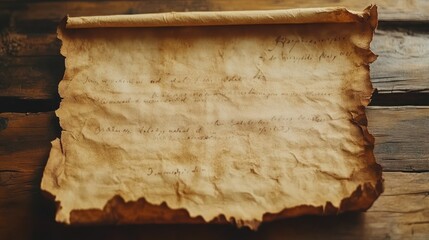 A rolled up piece of old parchment paper with faded writing on a wooden surface.