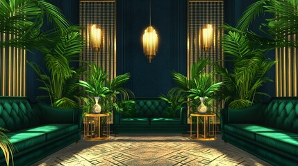 Canvas Print - Luxurious art deco living room featuring emerald green sofas and gold accents for a glamorous atmosphere