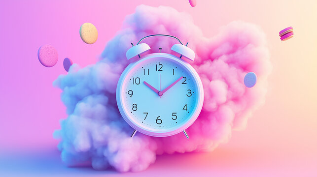 White alarm clock and macarons floating on a pink and blue cloud with a gradient background