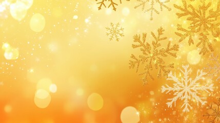 Poster - A yellow background with bokeh lights and several snowflakes. The snowflakes are different shades of gold and white, creating a warm, wintery scene.