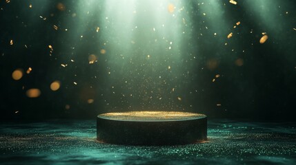 Poster - Golden particles cascade gently over a circular platform illuminated by soft, focused light in a darkened environment. The shimmering effect creates a magical atmosphere that captivates the viewer.
