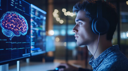 Poster - A young man wearing headphones analyzes brain data on a computer screen late at night in a cozy workspace