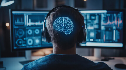 Poster - A young man wearing headphones analyzes brain data on a computer screen late at night in a cozy workspace