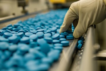 Wall Mural - Close up of a pharmaceutical production line with gloved hands