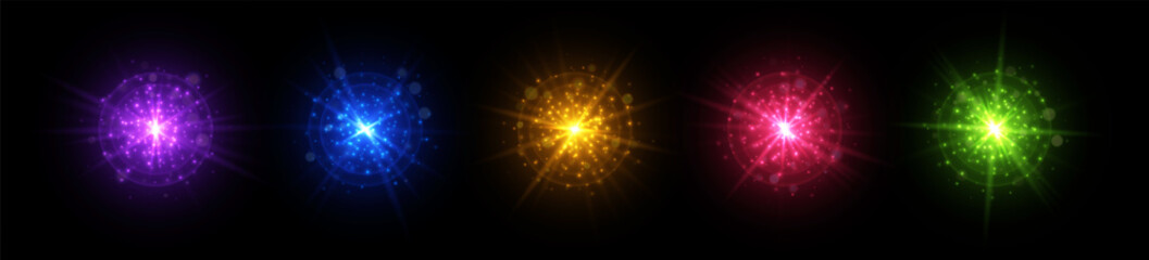 Wall Mural - magic flare light effects, glowing colorful star bursts, shimmering sparkles with radiant beams. vec