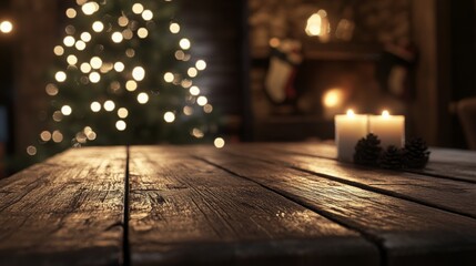 Poster - A close-up shot of a dark wooden table with two candles in the background, out of focus. The table is wooden and appears to be in a rustic setting.