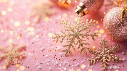 Aufkleber - Delicate golden snowflakes and shiny ornaments rest gracefully on a soft pink background, capturing the essence of celebration and joy associated with the holiday season.