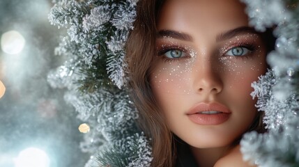 Leinwandbilder - A woman's face is partially hidden behind a snow-covered evergreen branch. She has long brown hair and sparkling blue eyes. The background is blurred, suggesting festive lights.