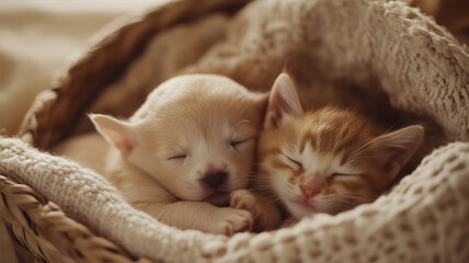 Canvas Print - バスケットの中で一緒に眠る子犬と子猫のかわいい寝姿