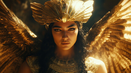 Wall Mural - The goddess Isis with a radiant golden headdress, her serene expression and wings softly illuminated by sunlight
