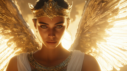 Wall Mural - The goddess Isis with a radiant golden headdress, her serene expression and wings softly illuminated by sunlight