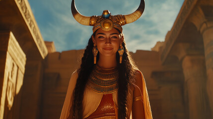 Wall Mural - A full-length view of Hathor with a sun disk and cow horns on her head, her smile gentle, symbolizing motherhood and beauty