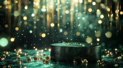 Poster - Bright golden confetti falls against a shimmering backdrop, illuminating a dark circular podium ready for a special event. The atmosphere is festive, inviting creativity and excitement in the air.