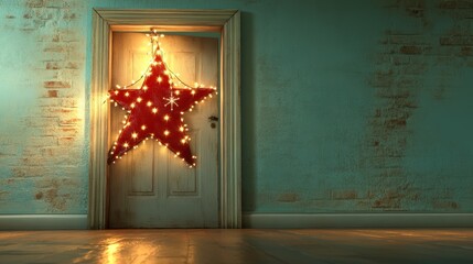 Fototapete - Elegant Christmas room featuring a decorated tree illuminated with warm lights, viewed through a doorway, next to a cozy red armchair
