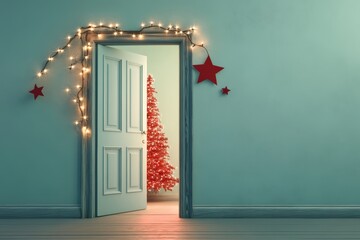 Fototapete - Elegant Christmas room featuring a decorated tree illuminated with warm lights, viewed through a doorway, next to a cozy red armchair