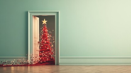 Fototapete - Elegant Christmas room featuring a decorated tree illuminated with warm lights, viewed through a doorway, next to a cozy red armchair