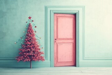 Fototapete - Elegant Christmas room featuring a decorated tree illuminated with warm lights, viewed through a doorway, next to a cozy red armchair