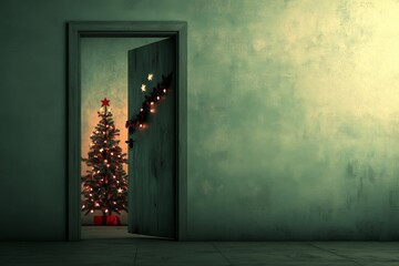 Fototapete - Elegant Christmas room featuring a decorated tree illuminated with warm lights, viewed through a doorway, next to a cozy red armchair