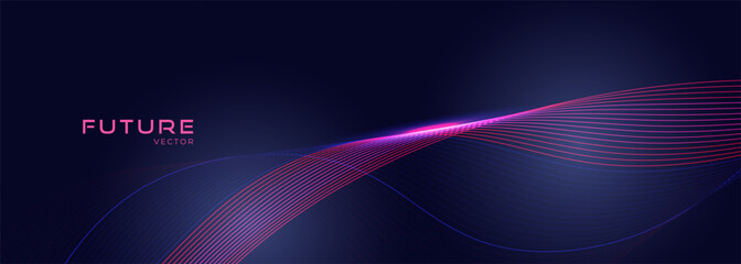 Poster - Glowing blue and pink wavy lines on abstract technology dark blue background. Digital hi-tech vector illustration with dynamic striped wave lines