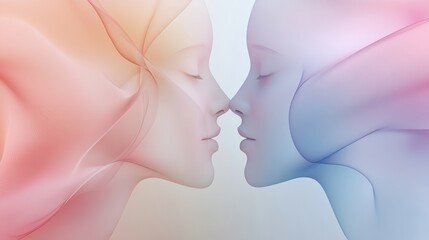 Poster - Two abstract faces in pastel colors mirror each other, emphasizing themes of empathy and communication in a gentle, artistic manner. Generative AI