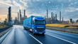 © bornmedia - A blue truck on the road, with data and technology elements floating