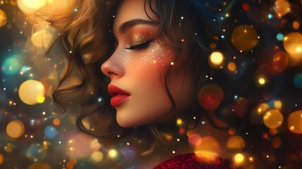 Poster - A woman poses gracefully, showcasing her elegant features adorned with sparkly makeup. The backdrop is filled with vibrant bokeh lights, creating a magical atmosphere during an evening celebration.