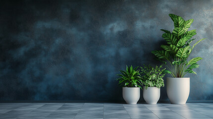 Lush green plants in decorative white pots, set against a matte dark wal