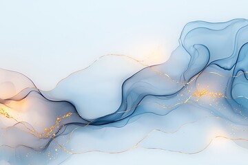 Poster - Abstract art with flowing blue and gold waves on a white background, creating a serene and elegant visual effect.