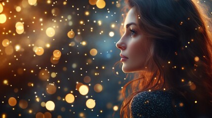 Poster - A woman with long brown hair is looking at a blurred background of golden lights. She is wearing a dark sweater.