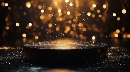 Aufkleber - A black platform sits in the foreground of the image. It is covered in small, sparkling particles.