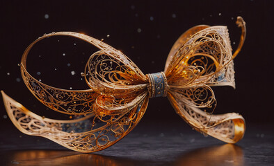 Fototapete - Gold and blue bow is on a table