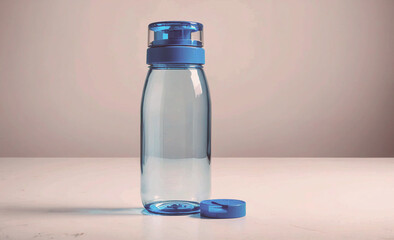 Poster - Clear bottle with a blue lid sits on a table