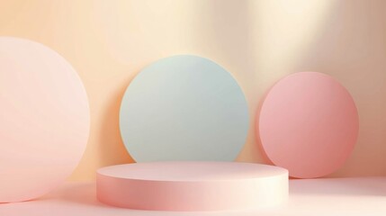 Poster - Round shapes in soft pastels are arranged harmoniously against a light background, evoking calmness and creativity in the space. Generative AI