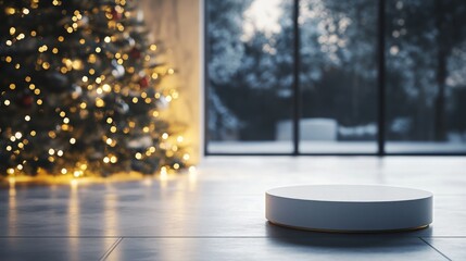 Fototapete - A modern indoor space features a beautifully decorated Christmas tree with soft lights.