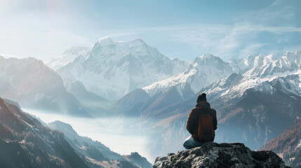 Wall Mural - A man sits on a mountain top, looking out at the snow-covered landscape