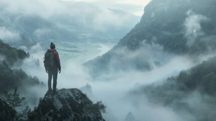 Wall Mural - A man is standing on a mountain top with a backpack on