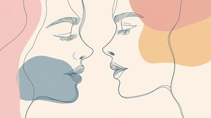 Fototapete - The artwork features two abstract faces in soft pastel shades, conveying a deep connection through communication and empathy. Generative AI