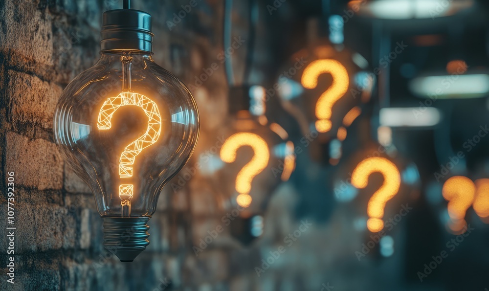 Question Mark Innovative Lightbulbs with neon question marks as filament representing innovation ...