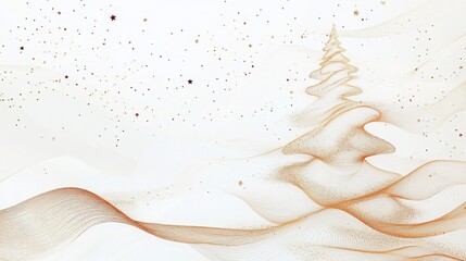 Poster - A whimsical illustration captures a golden Christmas tree surrounded by gentle flowing waves and tiny stars. The serene winter scene embodies the spirit of the holidays in a minimalist design.