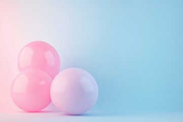 Poster - Three smooth, rounded shapes in pastel pink and lavender rest peacefully against a calming blue background, creating a minimalist aesthetic. Generative AI