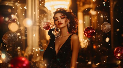 Poster - A young woman stands gracefully in a glamorous outfit, surrounded by shimmering ornaments and soft lights during a joyful holiday event, creating a vibrant and enchanting atmosphere.