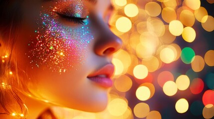 Poster - A young woman with shimmering glitter on her cheek poses gracefully, surrounded by soft, colorful fairy lights. The warm glow creates a dreamy atmosphere, perfect for a celebratory night out.