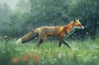 © spyrakot - Vibrant Fox in Rain-Soaked Field with Lush Greenery and Wildflowers