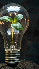 Poster - Seedling growing inside a light bulb, symbolizing renewable energy, innovation concept