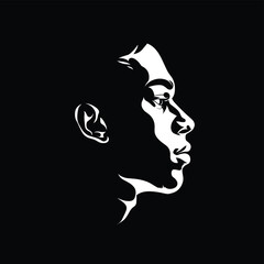 Wall Mural - Artistic black and white silhouette of an African male profile against a dark background, showcasing striking contrast and detailed features in side view.