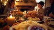 © Discover stocks - Cozy dining room with a family enjoying a traditional Thanksgiving dinner featuring a roasted turkey mashed potatoes and cranberry sauce promoting holiday meals family gatherings and comfort food
