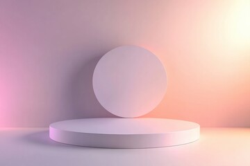 Poster - Soft pastel lighting creates an inviting atmosphere around minimalist circular shapes positioned on a smooth surface, evoking tranquility. Generative AI