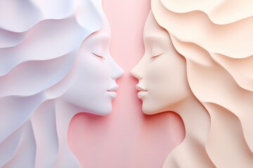 Poster - Two abstract faces in soft pastel shades face each other, symbolizing deep communication and understanding between individuals. Generative AI